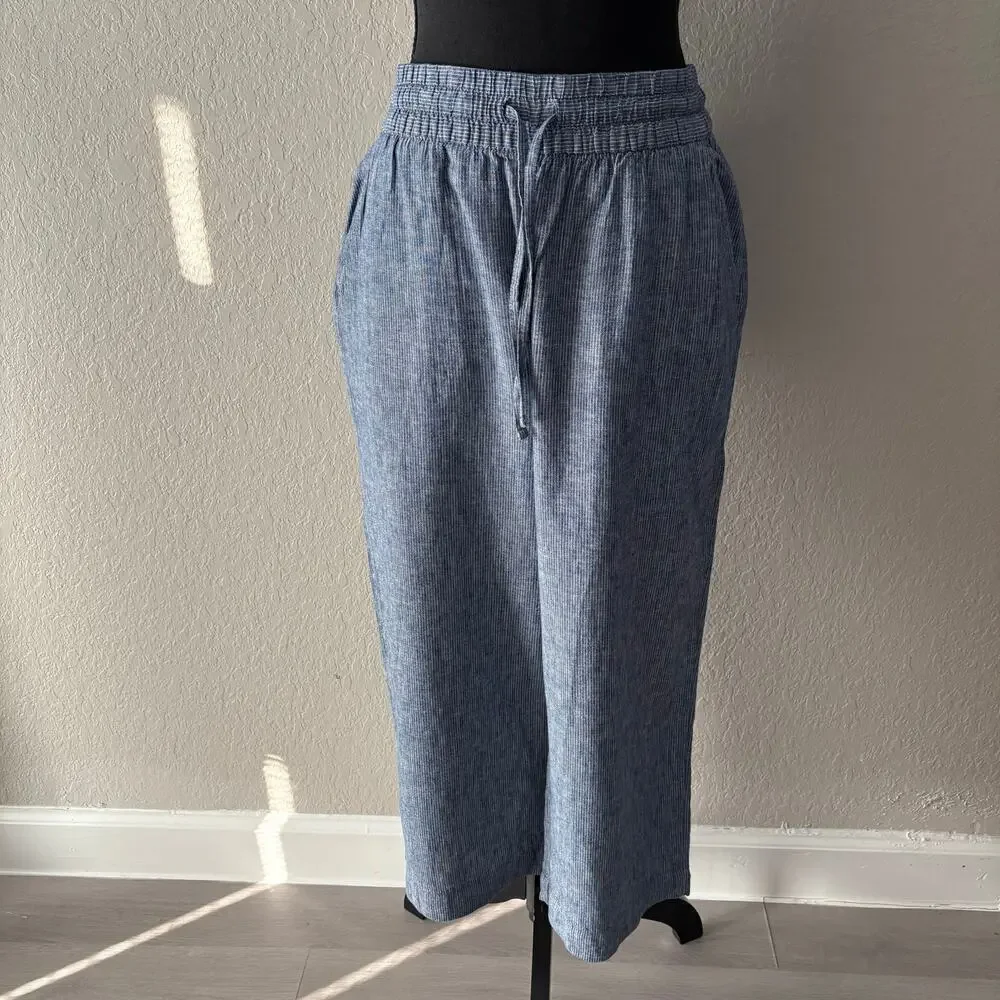 H & M LOGG Wide Leg Capri Pants Blue Sz 8 Nautical Granola Coastal Grandma Beach